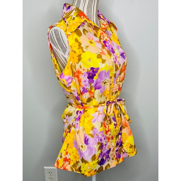Vintage 70s Lady Manhattan Vibrant Floral Sleeveless Top Belted Size Large Retro - Picture 3 of 11